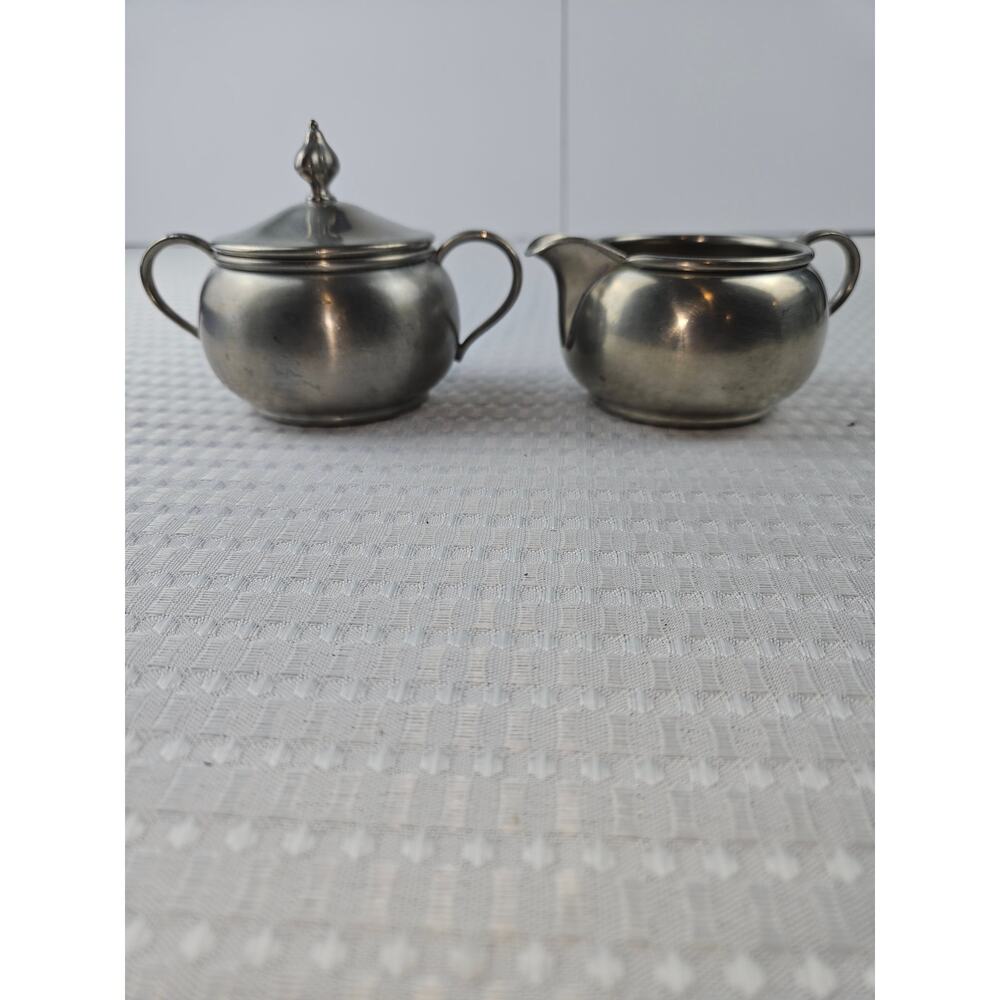 Hanle Distinctive American Pewter Sugar Bowl‎ and Creamer Set Vintage USA MCM